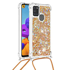 Funda Silicona Carcasa Goma Bling-Bling con Acollador Cordon Lanyard S03 para Samsung Galaxy A21s Oro