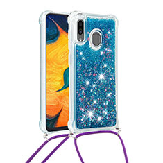 Funda Silicona Carcasa Goma Bling-Bling con Acollador Cordon Lanyard S03 para Samsung Galaxy A30 Azul