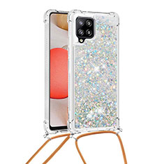 Funda Silicona Carcasa Goma Bling-Bling con Acollador Cordon Lanyard S03 para Samsung Galaxy A42 5G Plata