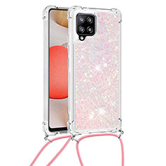 Funda Silicona Carcasa Goma Bling-Bling con Acollador Cordon Lanyard S03 para Samsung Galaxy A42 5G Rosa