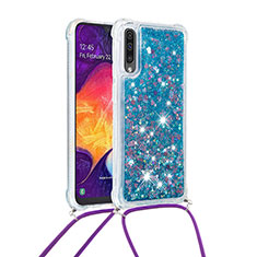 Funda Silicona Carcasa Goma Bling-Bling con Acollador Cordon Lanyard S03 para Samsung Galaxy A50S Azul