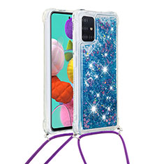 Funda Silicona Carcasa Goma Bling-Bling con Acollador Cordon Lanyard S03 para Samsung Galaxy A51 4G Azul