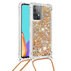 Funda Silicona Carcasa Goma Bling-Bling con Acollador Cordon Lanyard S03 para Samsung Galaxy A52 5G Oro