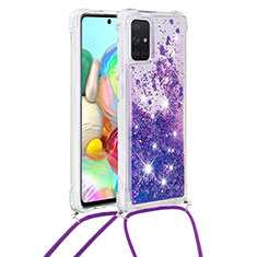 Funda Silicona Carcasa Goma Bling-Bling con Acollador Cordon Lanyard S03 para Samsung Galaxy A71 4G A715 Morado