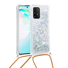 Funda Silicona Carcasa Goma Bling-Bling con Acollador Cordon Lanyard S03 para Samsung Galaxy A91 Plata