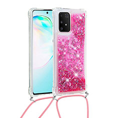 Funda Silicona Carcasa Goma Bling-Bling con Acollador Cordon Lanyard S03 para Samsung Galaxy A91 Rosa Roja