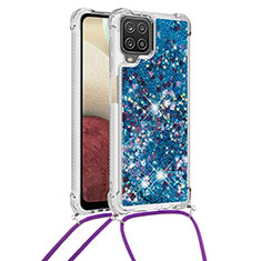 Funda Silicona Carcasa Goma Bling-Bling con Acollador Cordon Lanyard S03 para Samsung Galaxy F12 Azul