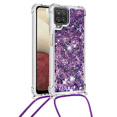 Funda Silicona Carcasa Goma Bling-Bling con Acollador Cordon Lanyard S03 para Samsung Galaxy F12 Morado