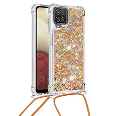 Funda Silicona Carcasa Goma Bling-Bling con Acollador Cordon Lanyard S03 para Samsung Galaxy F12 Oro