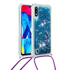 Funda Silicona Carcasa Goma Bling-Bling con Acollador Cordon Lanyard S03 para Samsung Galaxy M10 Azul