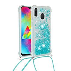 Funda Silicona Carcasa Goma Bling-Bling con Acollador Cordon Lanyard S03 para Samsung Galaxy M20 Azul Cielo