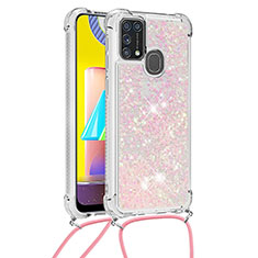 Funda Silicona Carcasa Goma Bling-Bling con Acollador Cordon Lanyard S03 para Samsung Galaxy M21s Rosa