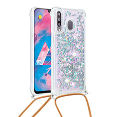 Funda Silicona Carcasa Goma Bling-Bling con Acollador Cordon Lanyard S03 para Samsung Galaxy M30 Plata