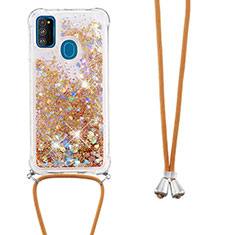 Funda Silicona Carcasa Goma Bling-Bling con Acollador Cordon Lanyard S03 para Samsung Galaxy M30s Oro