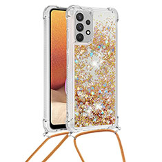 Funda Silicona Carcasa Goma Bling-Bling con Acollador Cordon Lanyard S03 para Samsung Galaxy M32 5G Oro