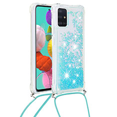 Funda Silicona Carcasa Goma Bling-Bling con Acollador Cordon Lanyard S03 para Samsung Galaxy M40S Azul Cielo