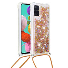 Funda Silicona Carcasa Goma Bling-Bling con Acollador Cordon Lanyard S03 para Samsung Galaxy M40S Oro