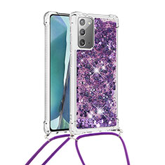 Funda Silicona Carcasa Goma Bling-Bling con Acollador Cordon Lanyard S03 para Samsung Galaxy Note 20 5G Morado