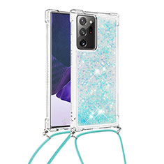 Funda Silicona Carcasa Goma Bling-Bling con Acollador Cordon Lanyard S03 para Samsung Galaxy Note 20 Ultra 5G Azul Cielo