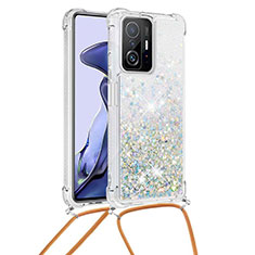 Funda Silicona Carcasa Goma Bling-Bling con Acollador Cordon Lanyard S03 para Xiaomi Mi 11T Pro 5G Plata