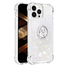 Funda Silicona Carcasa Goma Bling-Bling con Anillo de dedo Soporte S01 para Apple iPhone 14 Pro Max Plata