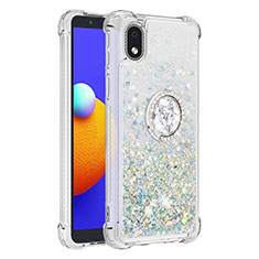 Funda Silicona Carcasa Goma Bling-Bling con Anillo de dedo Soporte S01 para Samsung Galaxy A01 Core Plata