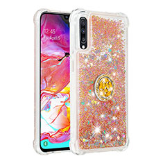 Funda Silicona Carcasa Goma Bling-Bling con Anillo de dedo Soporte S01 para Samsung Galaxy A70 Oro