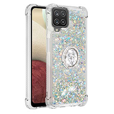 Funda Silicona Carcasa Goma Bling-Bling con Anillo de dedo Soporte S01 para Samsung Galaxy F12 Plata