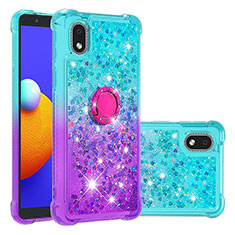 Funda Silicona Carcasa Goma Bling-Bling con Anillo de dedo Soporte S02 para Samsung Galaxy A01 Core Azul Cielo