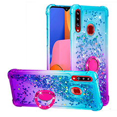 Funda Silicona Carcasa Goma Bling-Bling con Anillo de dedo Soporte S02 para Samsung Galaxy A20s Azul Cielo