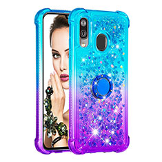 Funda Silicona Carcasa Goma Bling-Bling con Anillo de dedo Soporte S02 para Samsung Galaxy A40 Azul Cielo