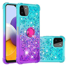 Funda Silicona Carcasa Goma Bling-Bling con Anillo de dedo Soporte S02 para Samsung Galaxy F42 5G Azul Cielo