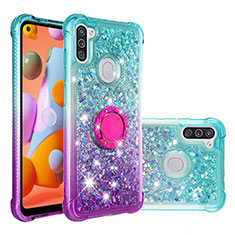 Funda Silicona Carcasa Goma Bling-Bling con Anillo de dedo Soporte S02 para Samsung Galaxy M11 Azul Cielo