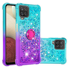 Funda Silicona Carcasa Goma Bling-Bling con Anillo de dedo Soporte S02 para Samsung Galaxy M12 Azul Cielo