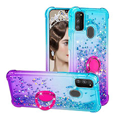 Funda Silicona Carcasa Goma Bling-Bling con Anillo de dedo Soporte S02 para Samsung Galaxy M21 Azul Cielo