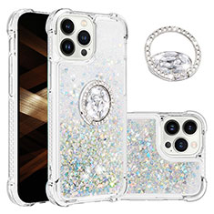 Funda Silicona Carcasa Goma Bling-Bling con Anillo de dedo Soporte S03 para Apple iPhone 13 Pro Azul Claro