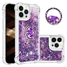 Funda Silicona Carcasa Goma Bling-Bling con Anillo de dedo Soporte S03 para Apple iPhone 14 Pro Max Morado