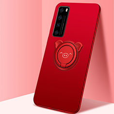 Funda Silicona Carcasa Ultrafina Goma con Magnetico Anillo de dedo Soporte A01 para Huawei Nova 7 5G Rojo