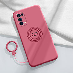 Funda Silicona Carcasa Ultrafina Goma con Magnetico Anillo de dedo Soporte A01 para Oppo Reno5 Pro 5G Rojo Rosa