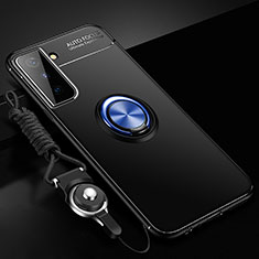Funda Silicona Carcasa Ultrafina Goma con Magnetico Anillo de dedo Soporte A01 para Samsung Galaxy S21 FE 5G Azul y Negro