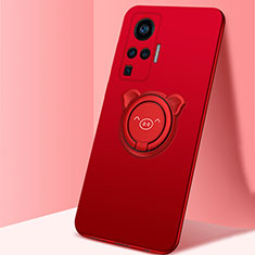 Funda Silicona Carcasa Ultrafina Goma con Magnetico Anillo de dedo Soporte A01 para Vivo X50 Pro 5G Rojo