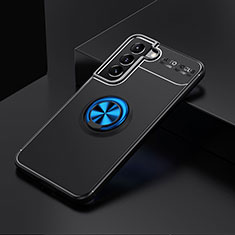 Funda Silicona Carcasa Ultrafina Goma con Magnetico Anillo de dedo Soporte A02 para Samsung Galaxy S21 5G Azul y Negro