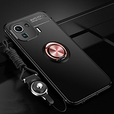 Funda Silicona Carcasa Ultrafina Goma con Magnetico Anillo de dedo Soporte A02 para Xiaomi Mi 11 Pro 5G Oro y Negro