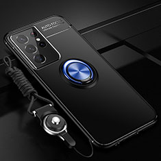 Funda Silicona Carcasa Ultrafina Goma con Magnetico Anillo de dedo Soporte A05 para Samsung Galaxy S21 Ultra 5G Azul y Negro