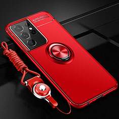 Funda Silicona Carcasa Ultrafina Goma con Magnetico Anillo de dedo Soporte A05 para Samsung Galaxy S21 Ultra 5G Rojo
