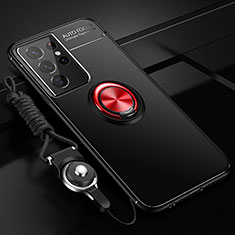 Funda Silicona Carcasa Ultrafina Goma con Magnetico Anillo de dedo Soporte A05 para Samsung Galaxy S22 Ultra 5G Rojo y Negro