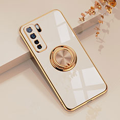 Funda Silicona Carcasa Ultrafina Goma con Magnetico Anillo de dedo Soporte AN1 para Huawei Nova 7 SE 5G Blanco