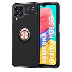 Funda Silicona Carcasa Ultrafina Goma con Magnetico Anillo de dedo Soporte JM1 para Samsung Galaxy M33 5G Oro y Negro