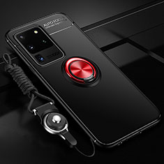 Funda Silicona Carcasa Ultrafina Goma con Magnetico Anillo de dedo Soporte JM3 para Samsung Galaxy S20 Ultra 5G Rojo y Negro
