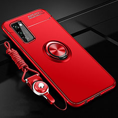Funda Silicona Carcasa Ultrafina Goma con Magnetico Anillo de dedo Soporte para Huawei Honor View 30 Pro 5G Rojo